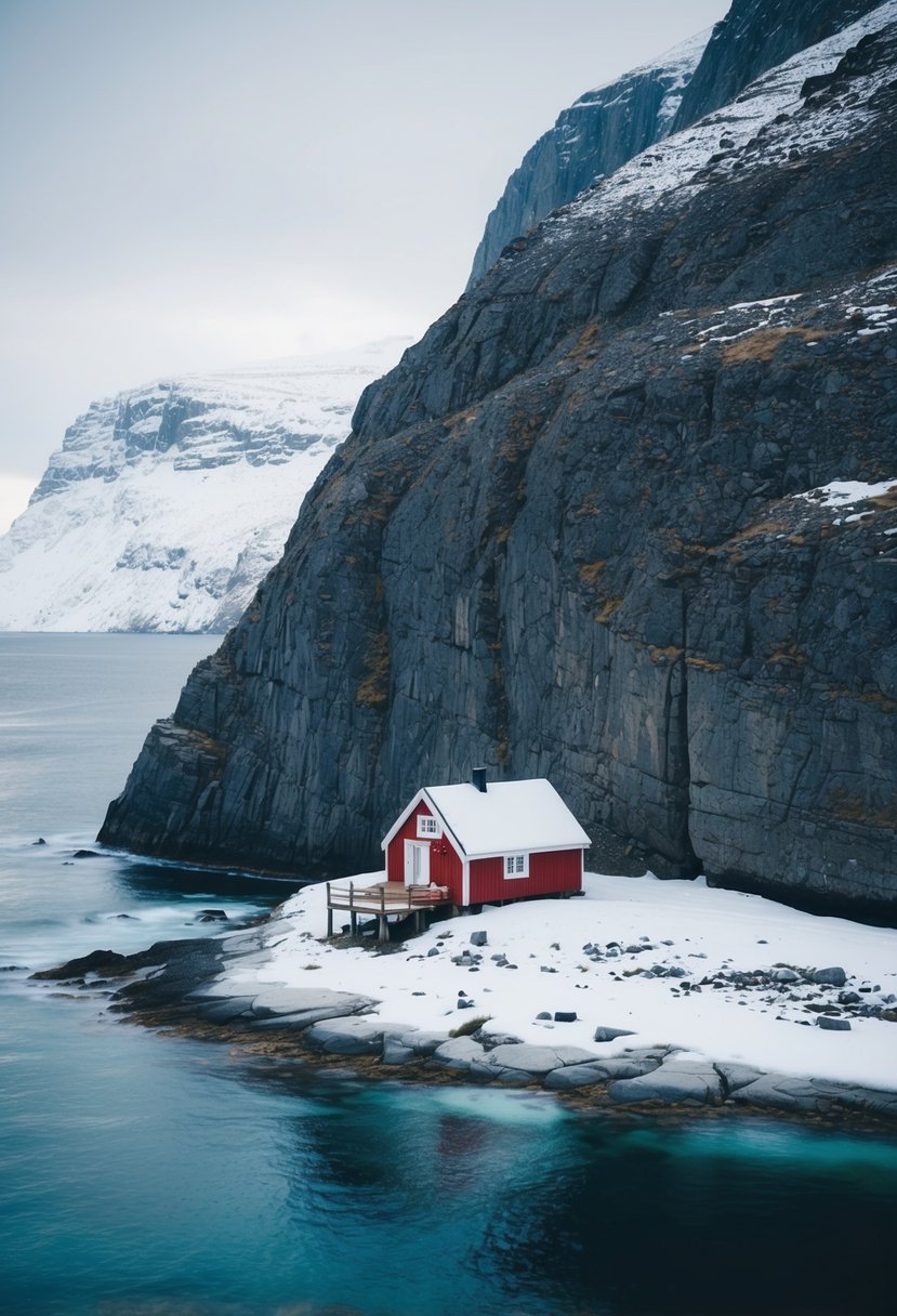 A cozy cabin nestled in the snowy cliffs overlooking the icy waters of North Cape, Norway
