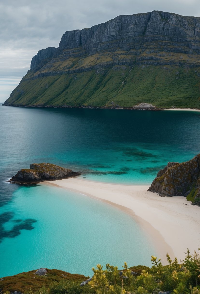A secluded beach on Røvær island, with crystal clear waters and a backdrop of rugged cliffs and lush greenery