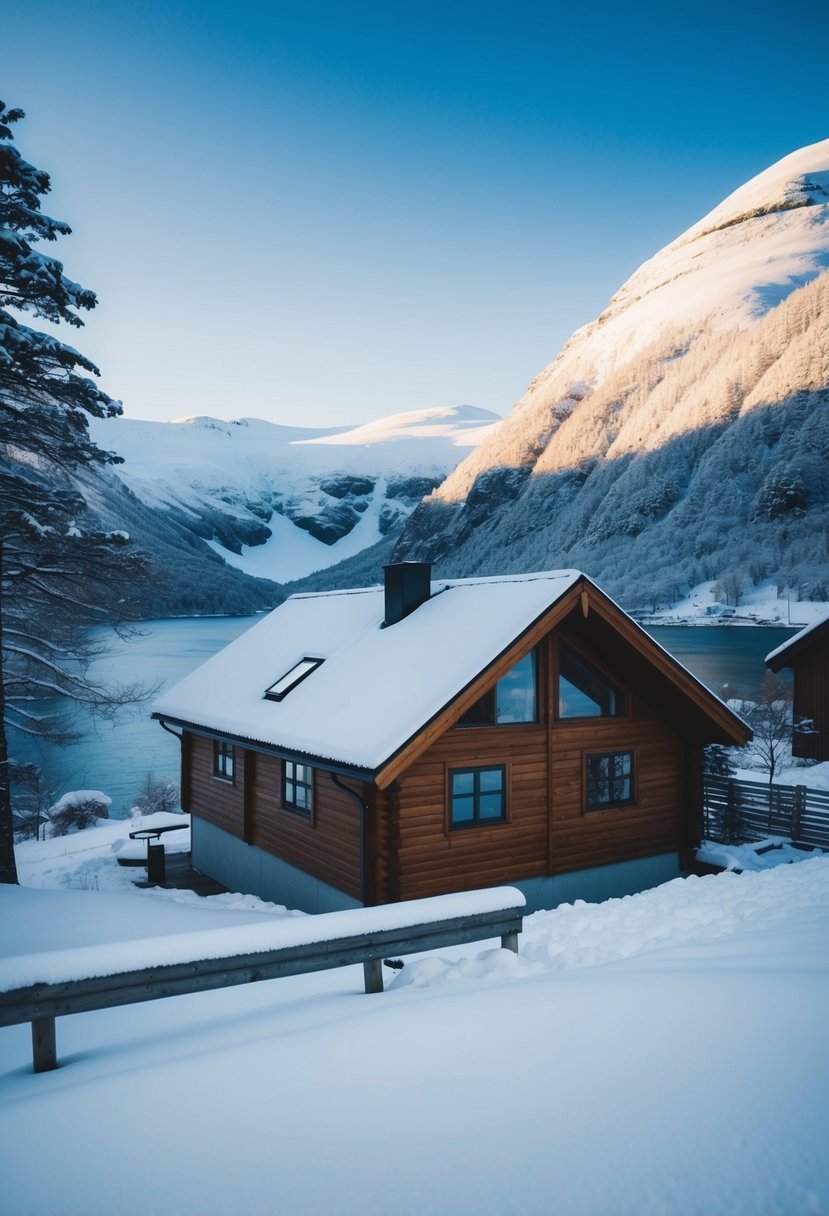 A cozy cabin nestled in the snowy mountains overlooking a serene fjord in Bodø, Norway. Snow-covered trees and a clear blue sky complete the picturesque honeymoon destination