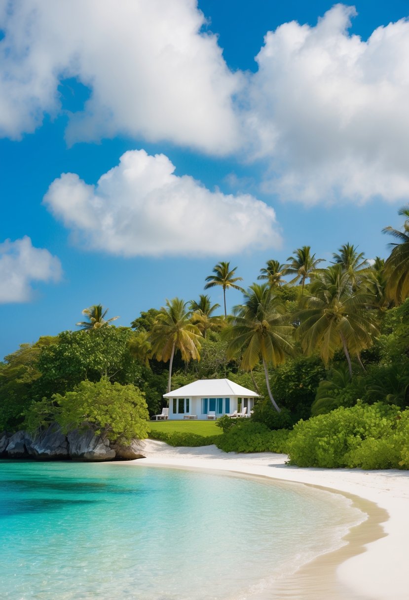 A secluded beach with a pristine white sand, crystal clear waters, and a small private villa nestled among lush tropical greenery