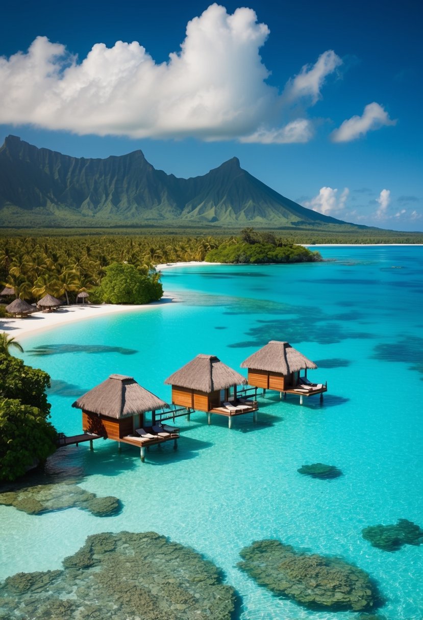 Crystal-clear lagoon with overwater bungalows surrounded by lush greenery and towering volcanic peaks in the distance