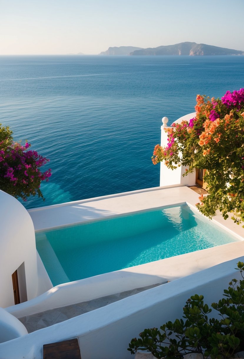 A secluded villa with a private infinity pool overlooking the crystal-clear waters of the Aegean Sea, surrounded by whitewashed buildings and vibrant bougainvillea flowers