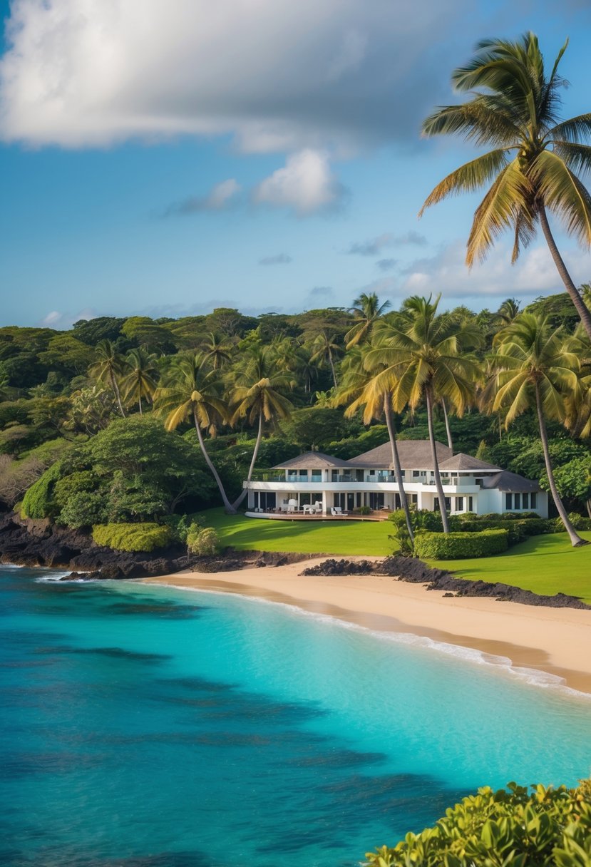 A secluded beach with turquoise waters, palm trees, and a luxurious private villa nestled into the lush greenery of Maui, Hawaii