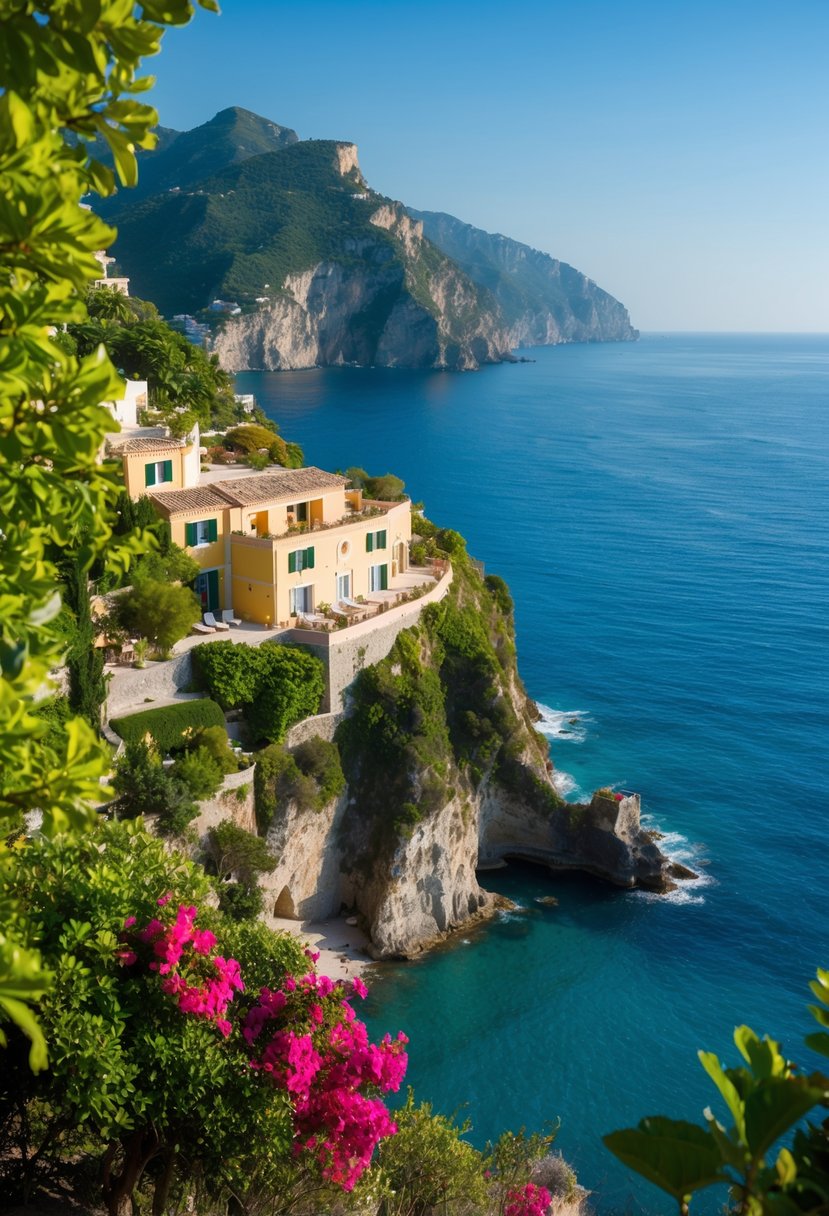 A secluded cliffside villa overlooks the azure waters of the Amalfi Coast, surrounded by lush greenery and vibrant bougainvillea