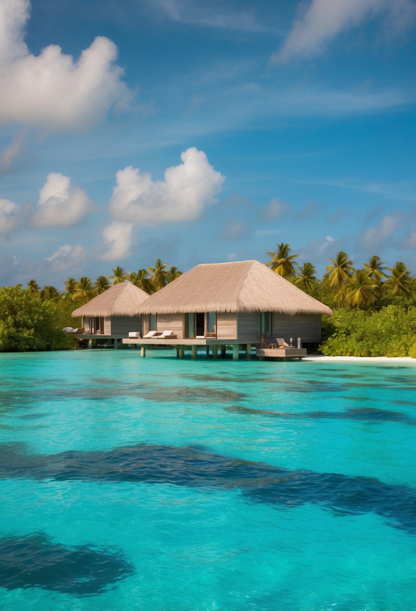 A secluded overwater bungalow in the Maldives, surrounded by crystal-clear turquoise waters and lush tropical greenery