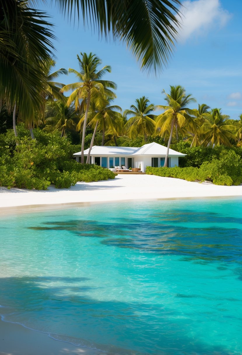 A secluded beach with crystal-clear turquoise waters, surrounded by lush greenery and white sandy shores, with a private villa nestled among the palm trees
