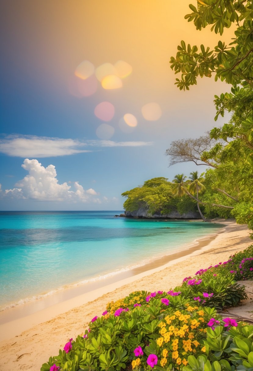 A tranquil beach with golden sand and clear blue water, surrounded by lush greenery and colorful flowers. A warm, sunny sky and a gentle breeze create a perfect setting for a romantic honeymoon