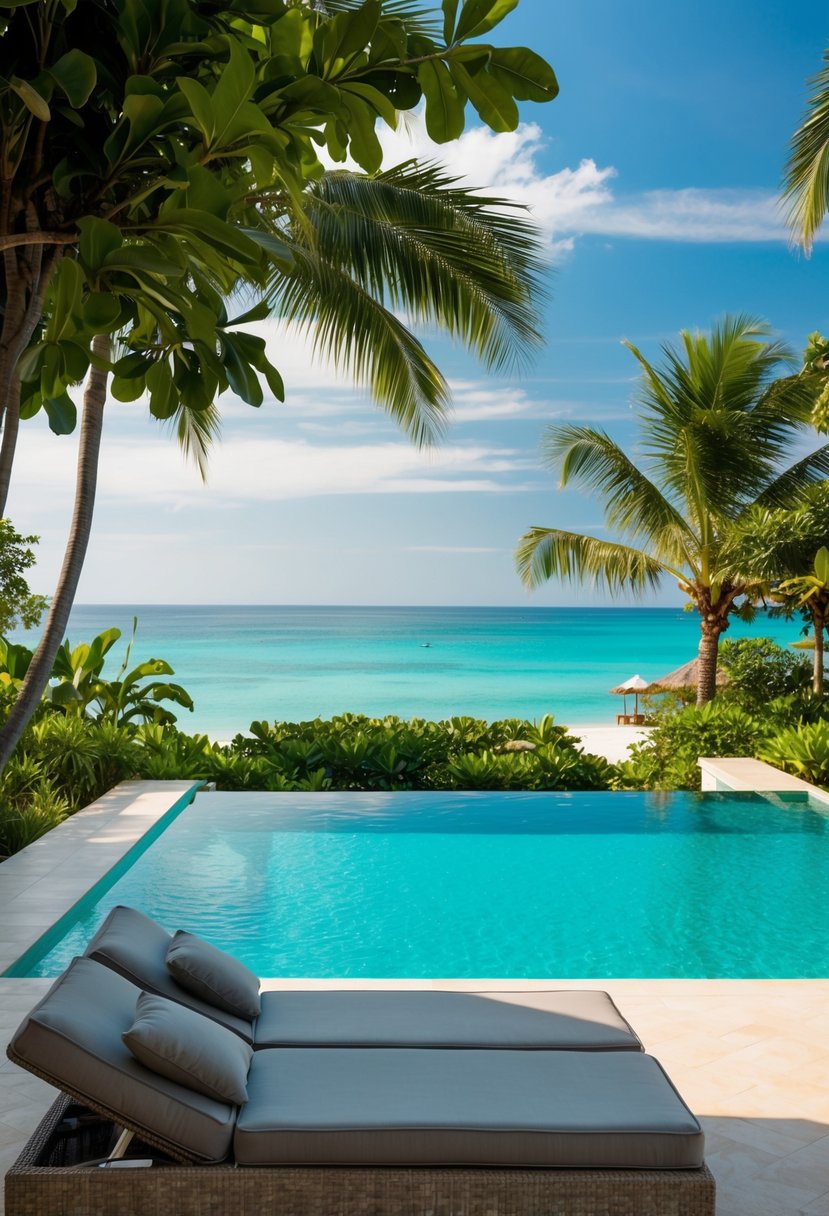 A secluded beachfront villa in Phuket, with a private infinity pool overlooking the turquoise ocean and lush tropical gardens