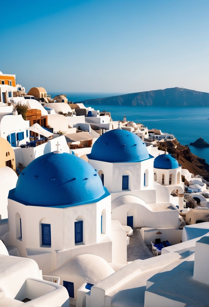 A picturesque Santorini village with white buildings, blue domes, and stunning ocean views, making it an ideal honeymoon destination in October