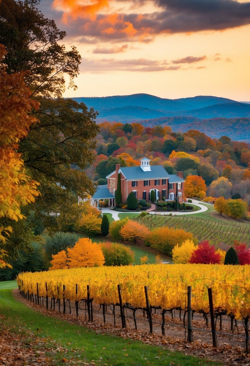 A cozy vineyard nestled in the rolling hills of Charlottesville, Virginia, surrounded by vibrant autumn foliage