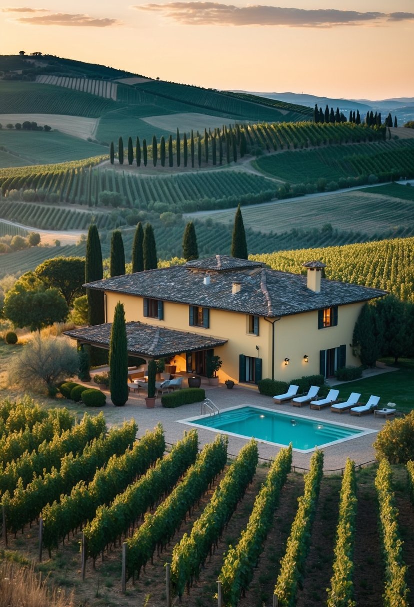 A secluded villa nestled among rolling hills, surrounded by vineyards and olive groves, with a private pool and breathtaking views of the Tuscan countryside