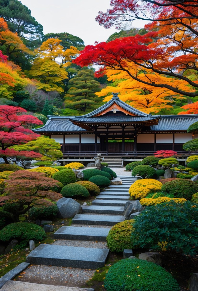 A serene, colorful garden with traditional Japanese architecture surrounded by vibrant autumn foliage in Kyoto, Japan