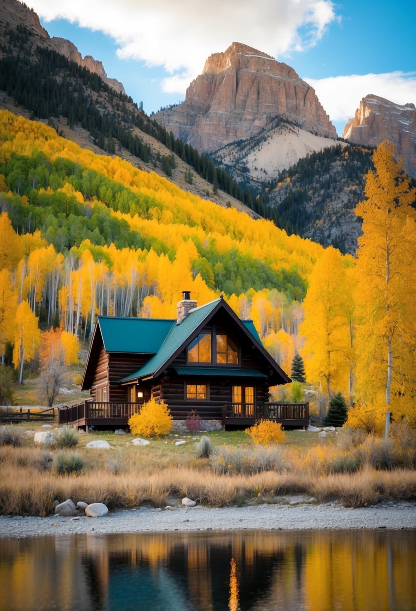 A cozy cabin nestled in the colorful autumn foliage of Jackson Hole, Wyoming, with the Teton Mountains looming in the background