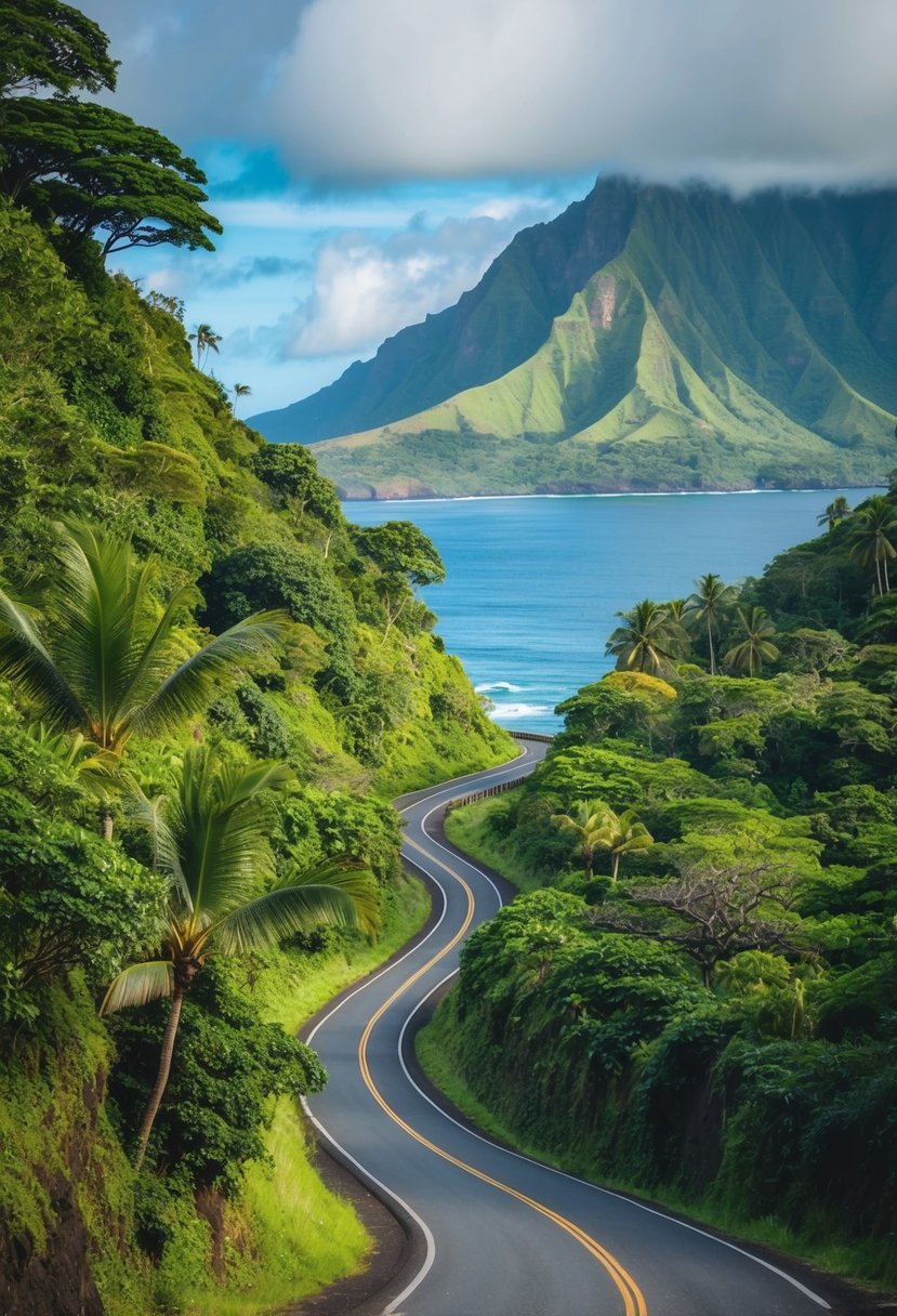 Lush, winding road through tropical rainforest, with waterfalls and ocean views along Maui's Hana Highway