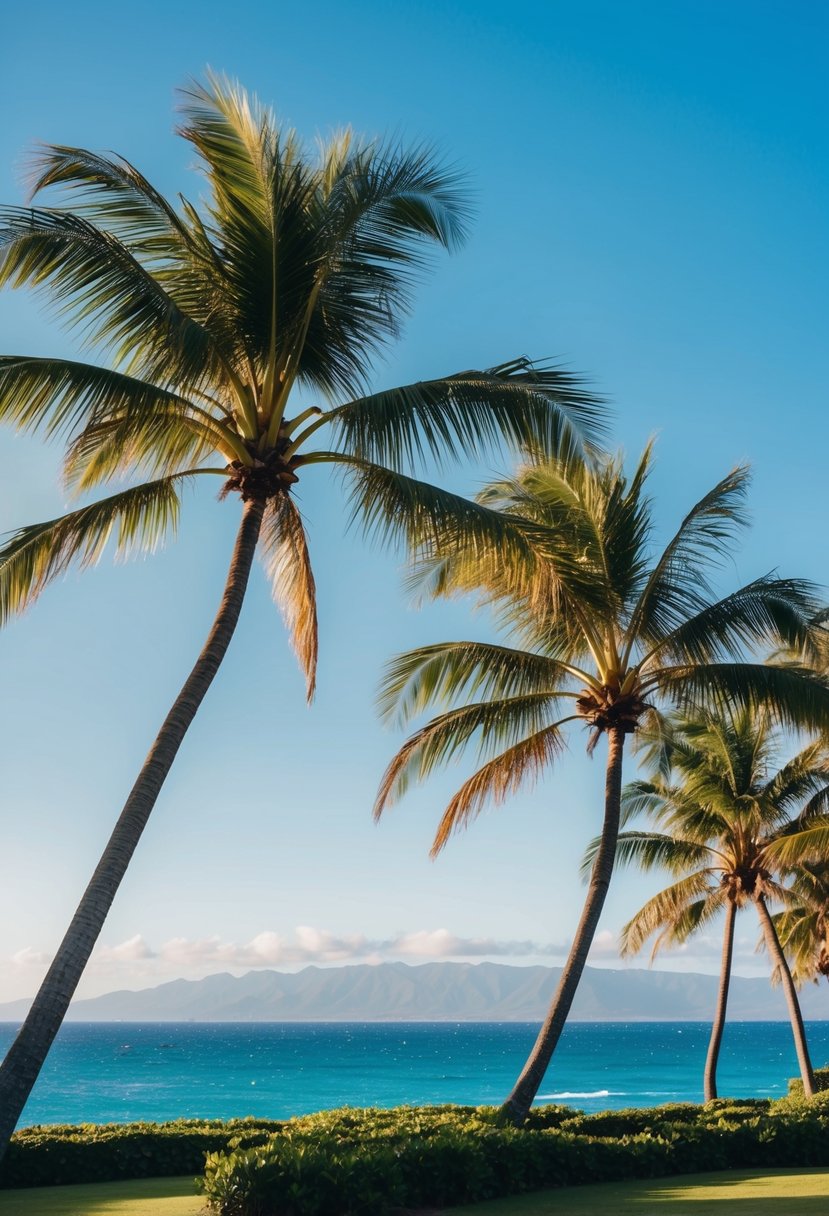 Lush palm trees sway in the warm breeze against a backdrop of clear blue skies and sparkling ocean waters, creating a serene and romantic atmosphere for a honeymoon in Maui, Hawaii in October