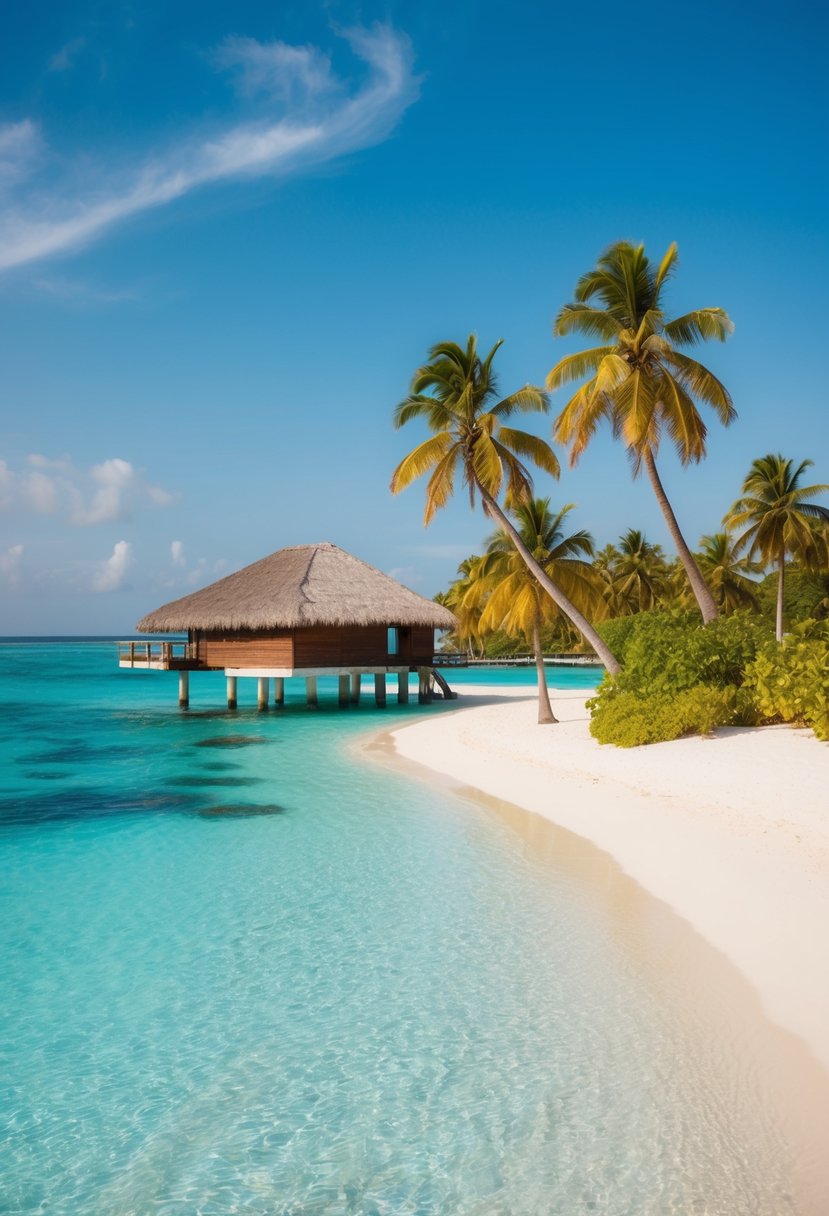 A secluded beach with crystal-clear waters, palm trees, and a luxury overwater bungalow
