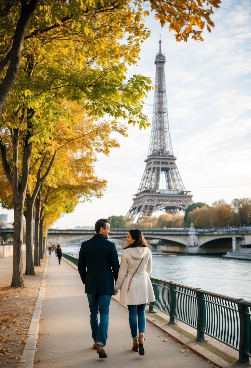 A couple strolling along the Seine River, surrounded by autumn foliage and the Eiffel Tower in the distance
