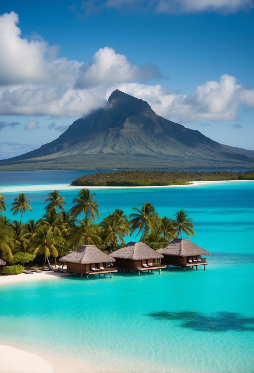 Turquoise lagoon with overwater bungalows, palm trees, and Mount Otemanu in the background