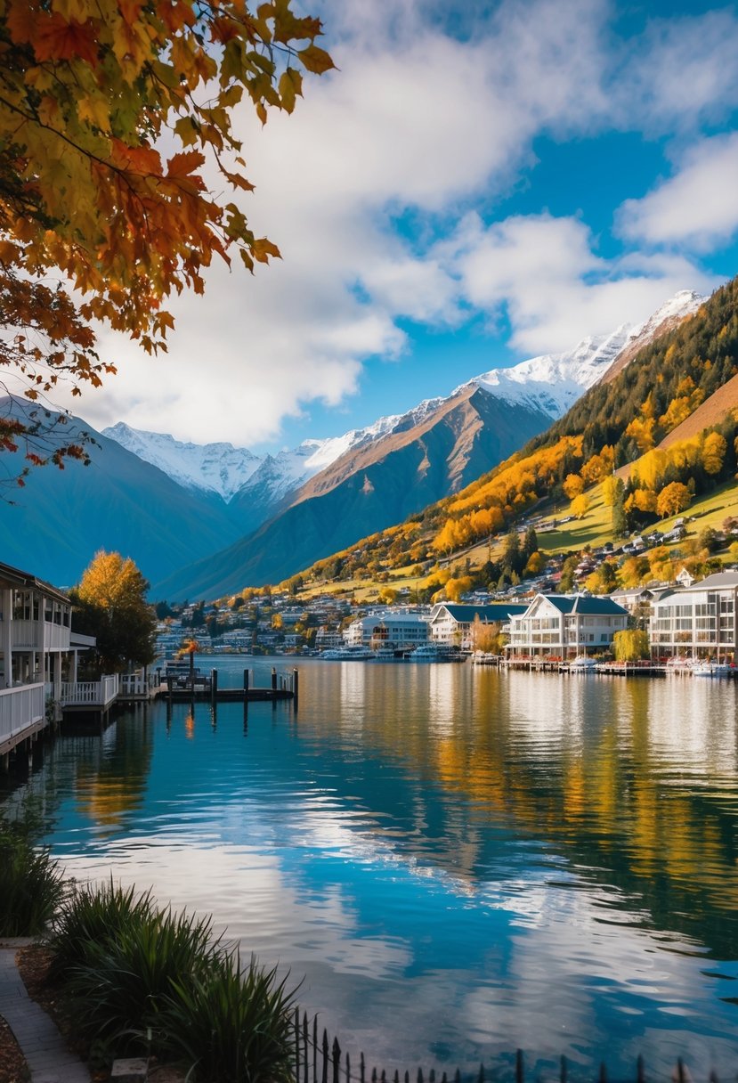 A picturesque lakeside town in Queenstown, New Zealand, surrounded by colorful autumn foliage and snow-capped mountains