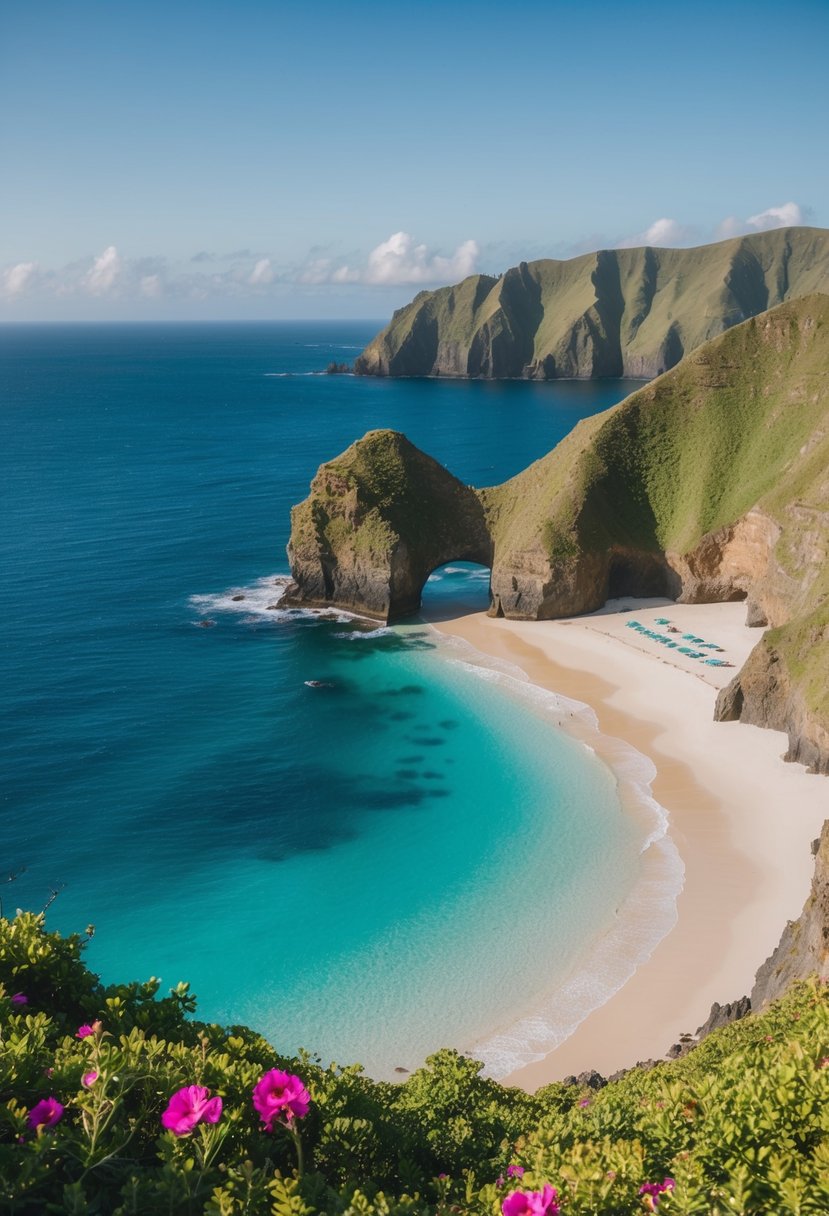 A secluded beach with crystal-clear waters, surrounded by lush green cliffs and vibrant flowers, overlooking the Atlantic Ocean in the Azores, Portugal