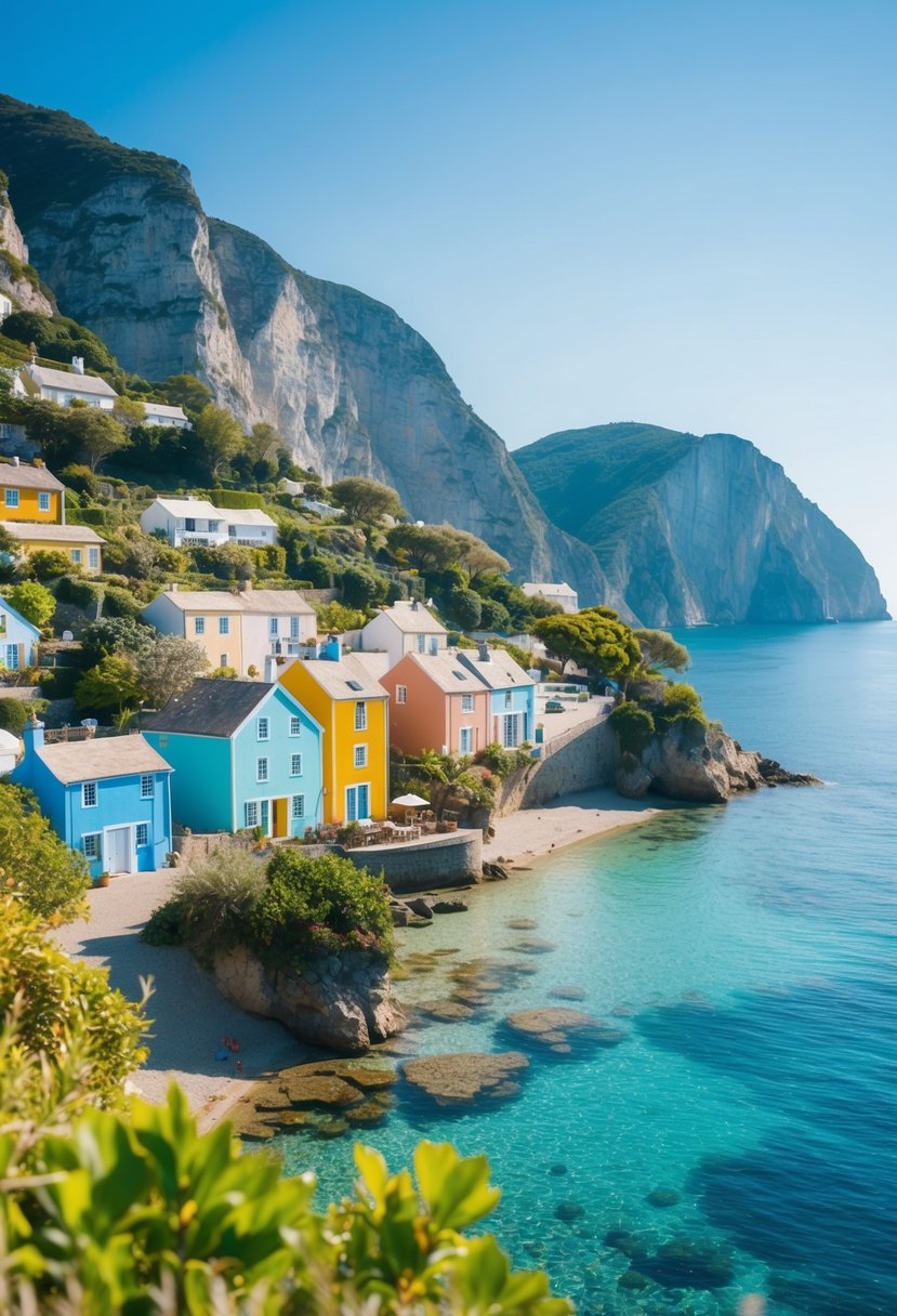A serene coastal village with colorful houses, lush greenery, and crystal-clear waters, set against a backdrop of towering cliffs and a clear blue sky