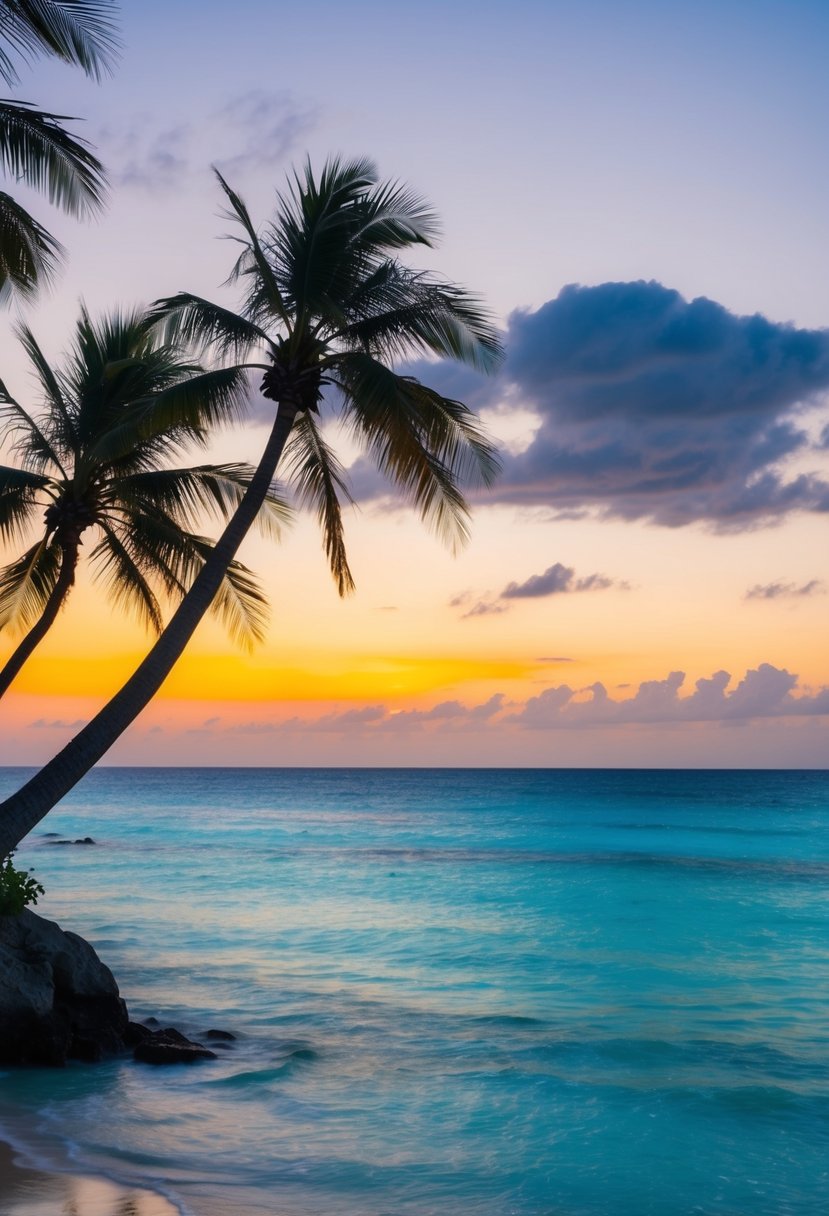 A serene beach with crystal clear waters, palm trees, and a colorful sunset over the horizon