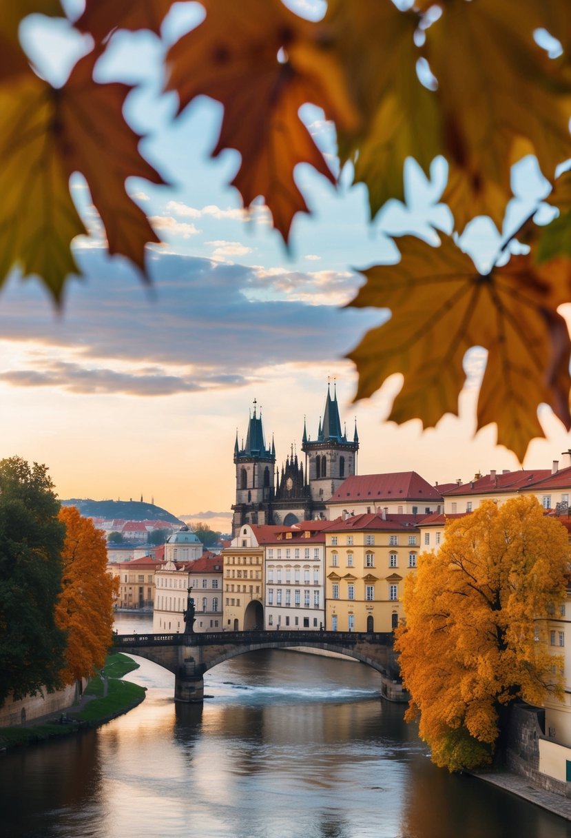 A romantic scene in Prague, with colorful autumn foliage, historic architecture, and a serene river flowing through the city