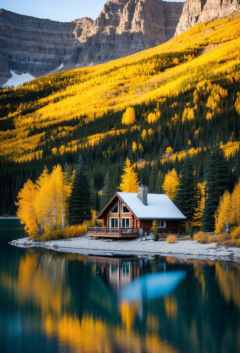 A cozy cabin nestled in the vibrant fall foliage of Banff, Canada, with a picturesque view of the Rocky Mountains and a serene lake