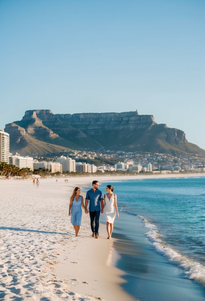 A couple strolling along the white sandy beaches of Cape Town, with Table Mountain in the background and the clear blue waters of the Atlantic Ocean stretching out before them