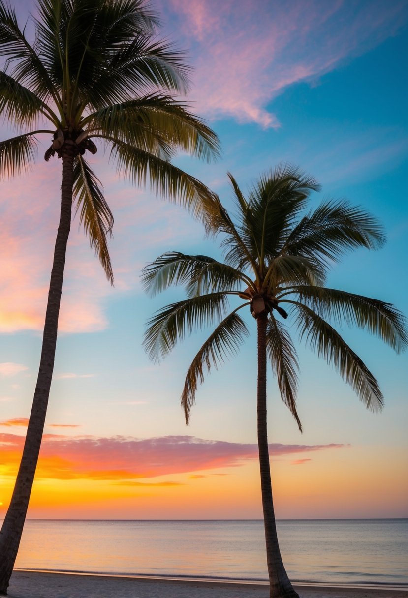 A serene beach at sunset, with palm trees and calm waters, set against a colorful sky