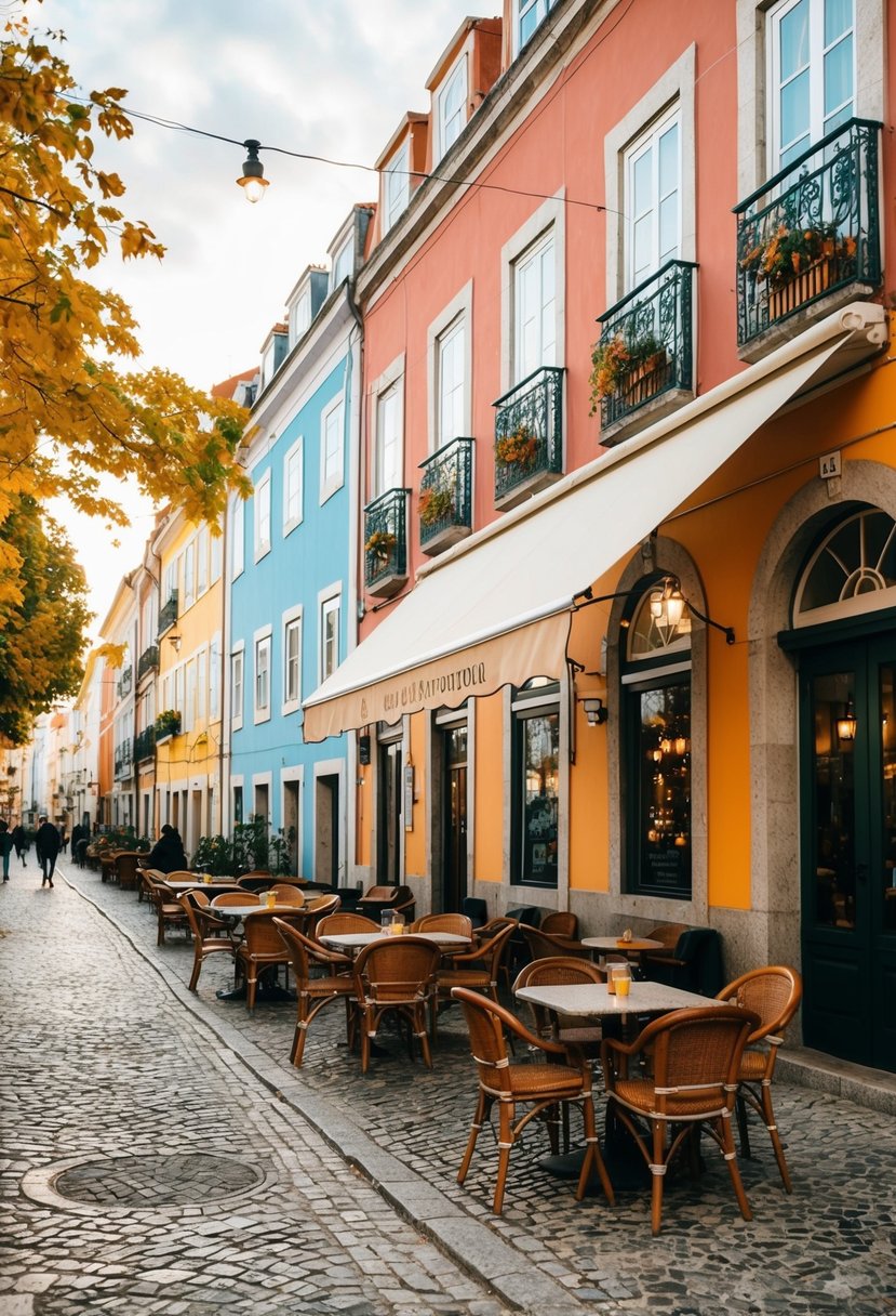 A cozy outdoor cafe in Lisbon, with colorful buildings and cobblestone streets, surrounded by autumn foliage and a warm, romantic atmosphere