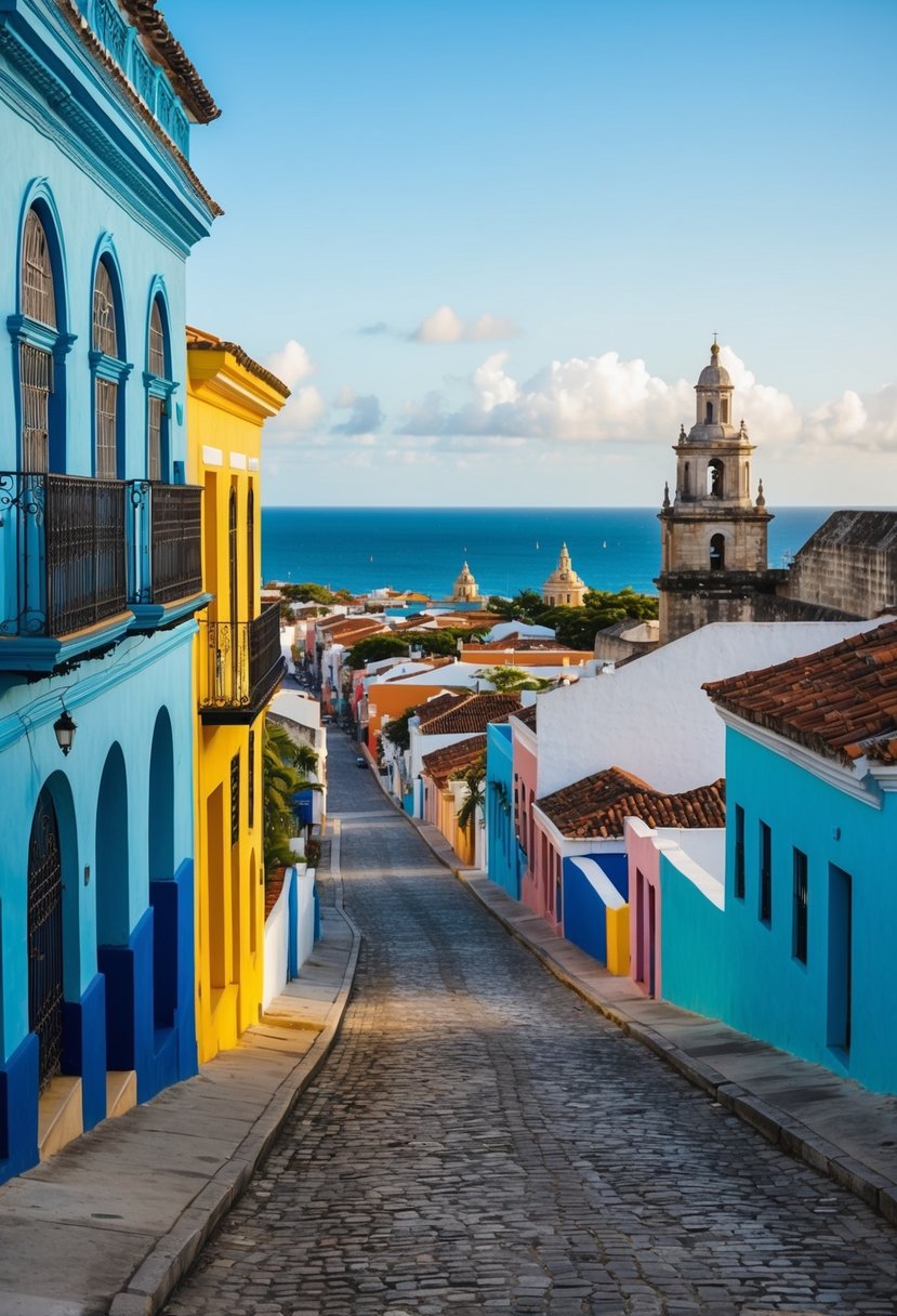 Cobblestone streets wind past colorful colonial buildings in San Juan's Old Town, with views of the historic city walls and the sparkling Caribbean Sea