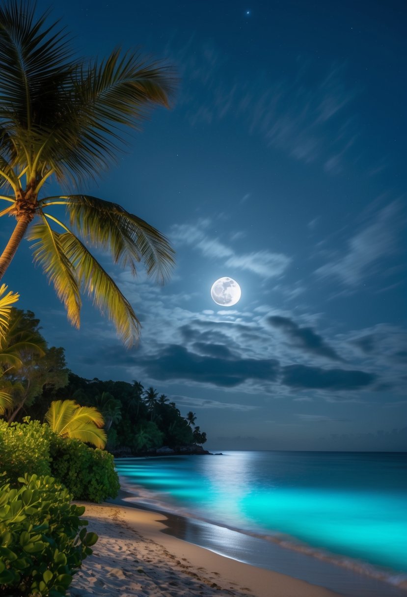 A moonlit beach with a glowing blue Bioluminescent Bay and lush tropical foliage in the background