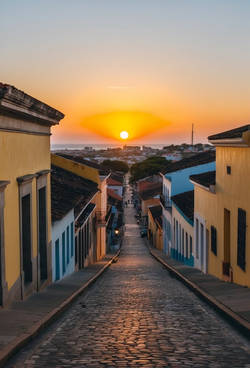 The sun sets over the historic sites of Ponce, Puerto Rico, casting a warm glow on the colonial architecture and cobblestone streets