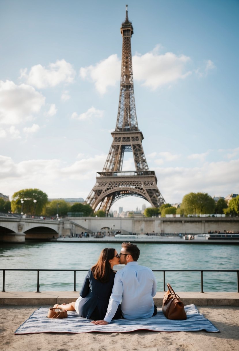 A couple picnicking under the Eiffel Tower, with a view of the Seine River and the iconic Parisian architecture in the background