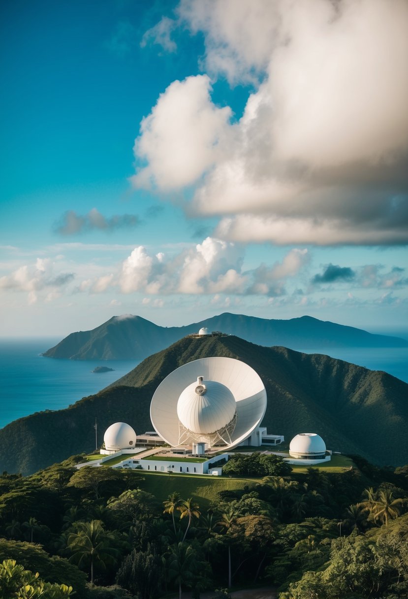 The Arecibo Observatory nestled in lush Puerto Rican mountains, with its iconic dish reaching towards the sky, surrounded by tropical flora and fauna