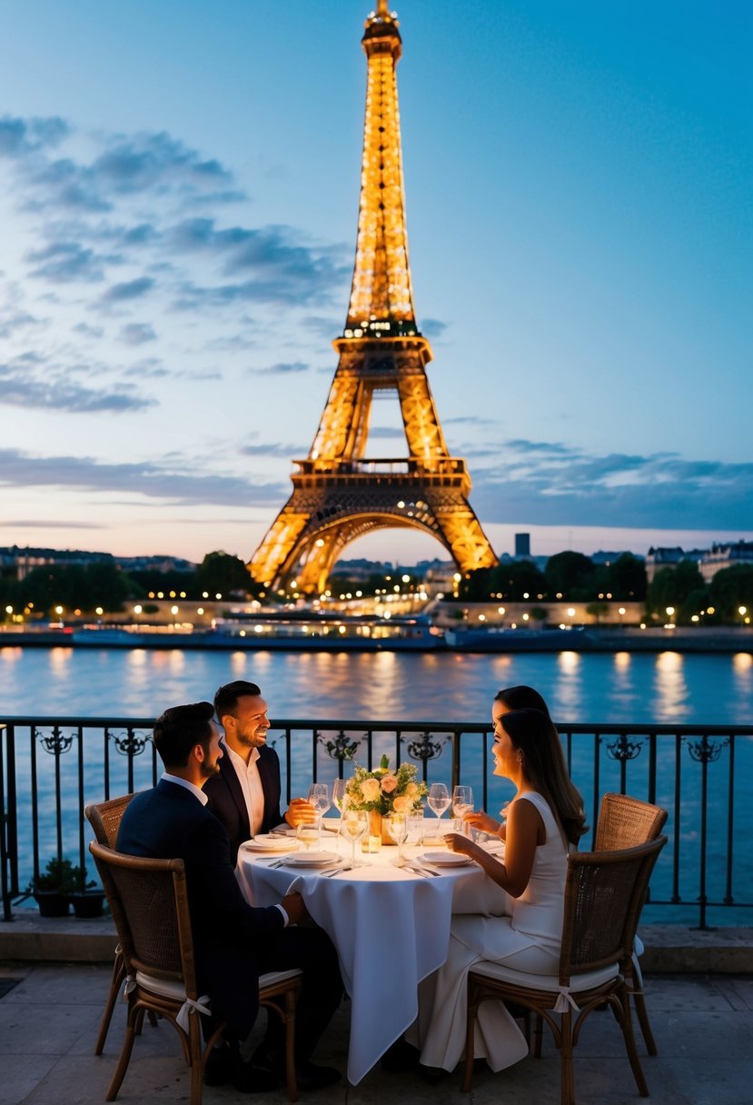A romantic dinner at the Eiffel Tower with city lights and a view of the Seine River