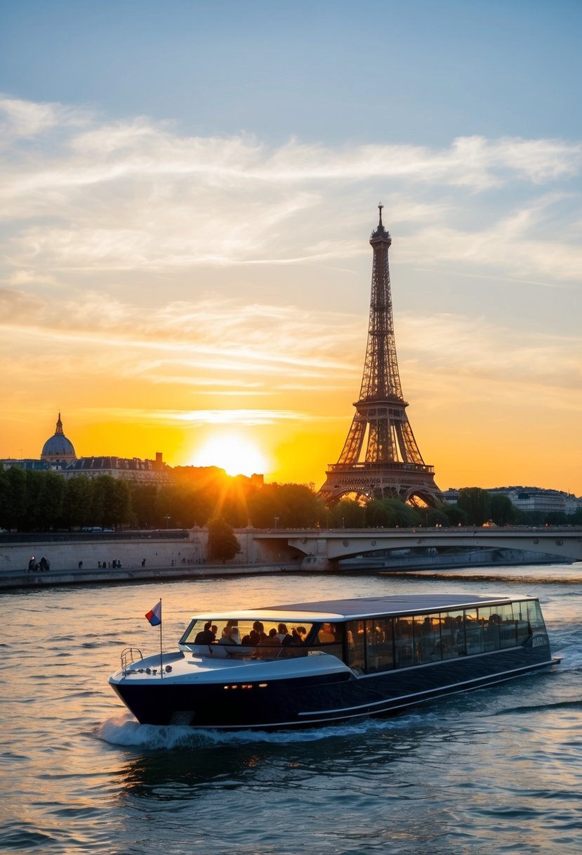 A romantic sunset cruise on the Seine River, with iconic Parisian landmarks in the background