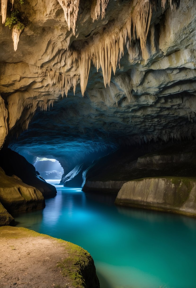 A tranquil underground river flows through the majestic limestone caves of Camuy River Cave Park in Puerto Rico