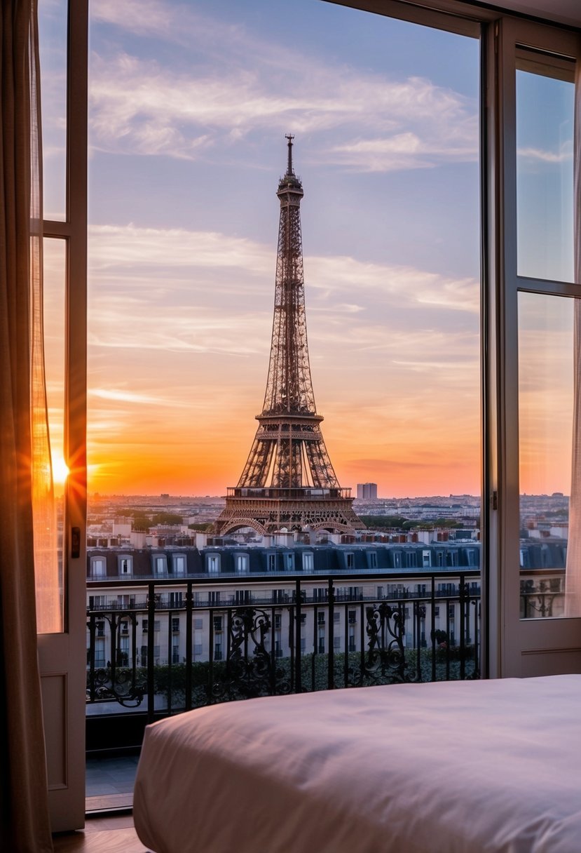 Luxurious Le Meurice Hotel room with Eiffel Tower view at sunset