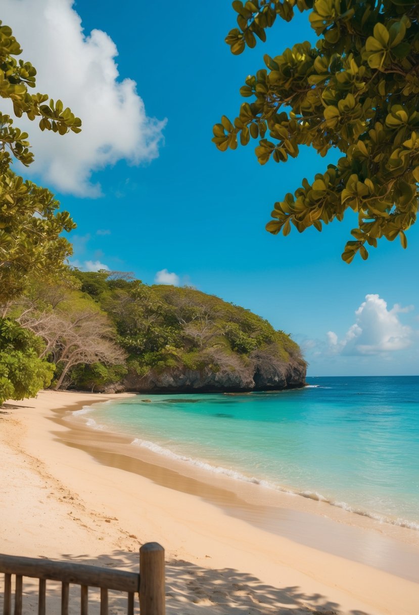 A serene beach at Guanica Dry Forest, with lush greenery, golden sand, and clear blue waters, perfect for a romantic honeymoon getaway in Puerto Rico
