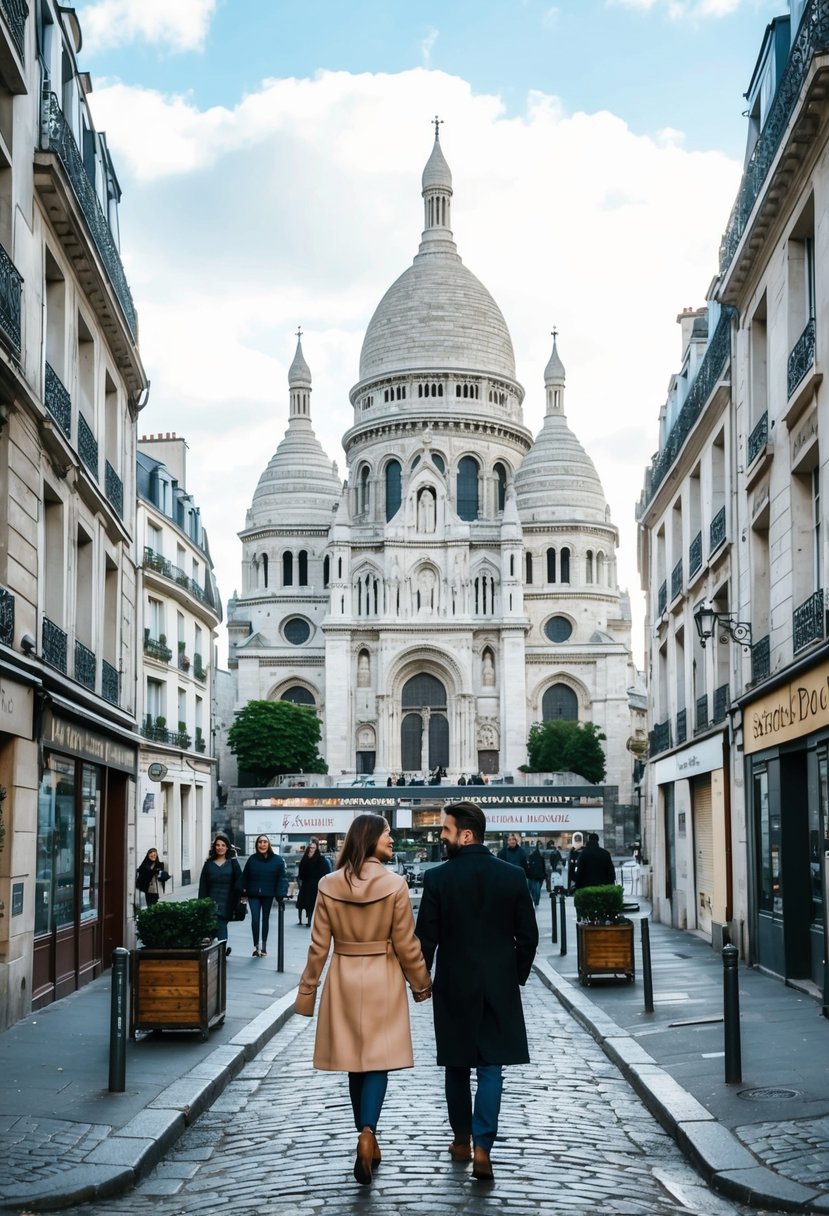 A couple strolls through the cobblestone streets of Montmartre, with the iconic Sacré-Cœur basilica towering in the background