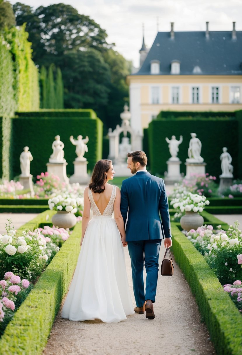 A couple walks through the lush, manicured gardens of Luxembourg, surrounded by blooming flowers and elegant statues, creating a romantic and serene atmosphere