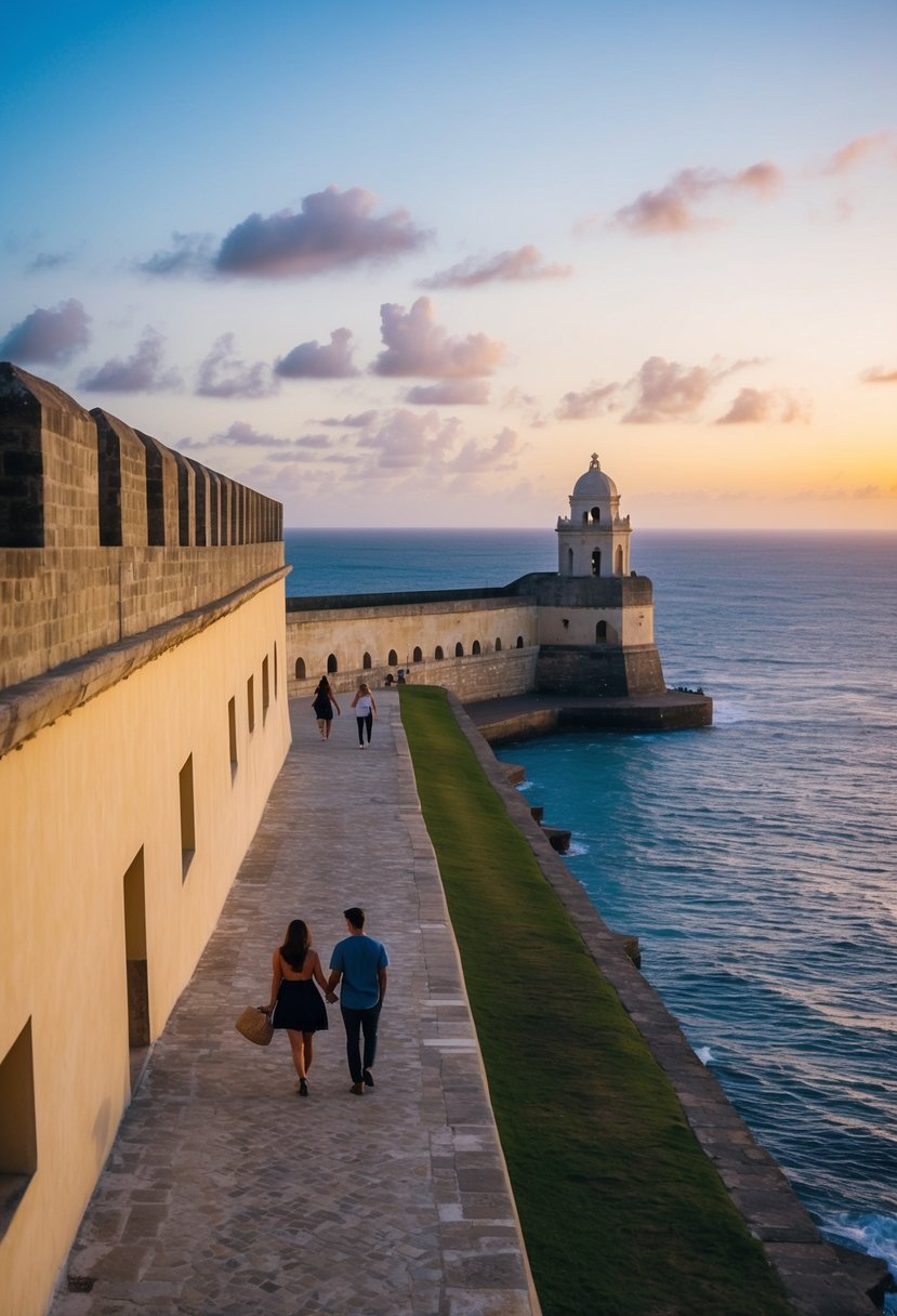 A sunset view of Castillo San Felipe del Morro with a couple strolling along the fortress walls, overlooking the ocean