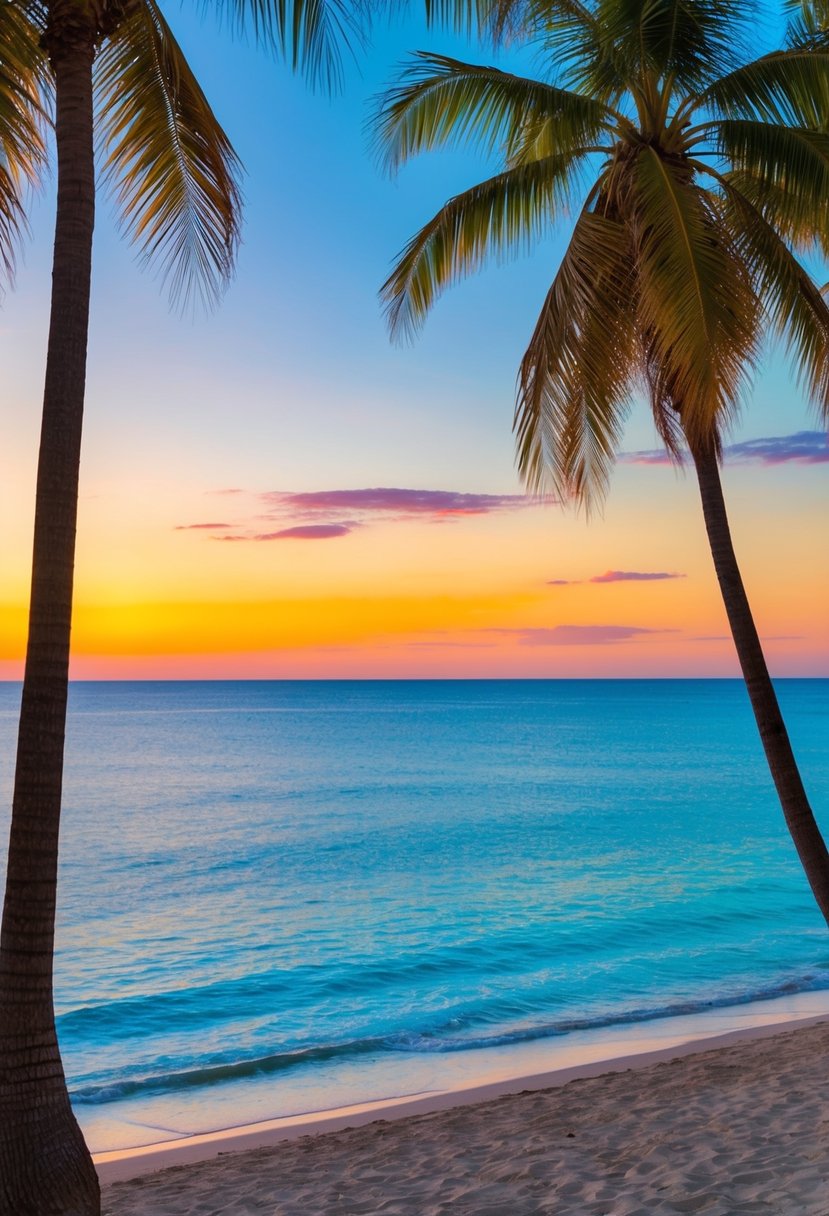 A serene beach with palm trees, clear blue waters, and a colorful sunset over the horizon