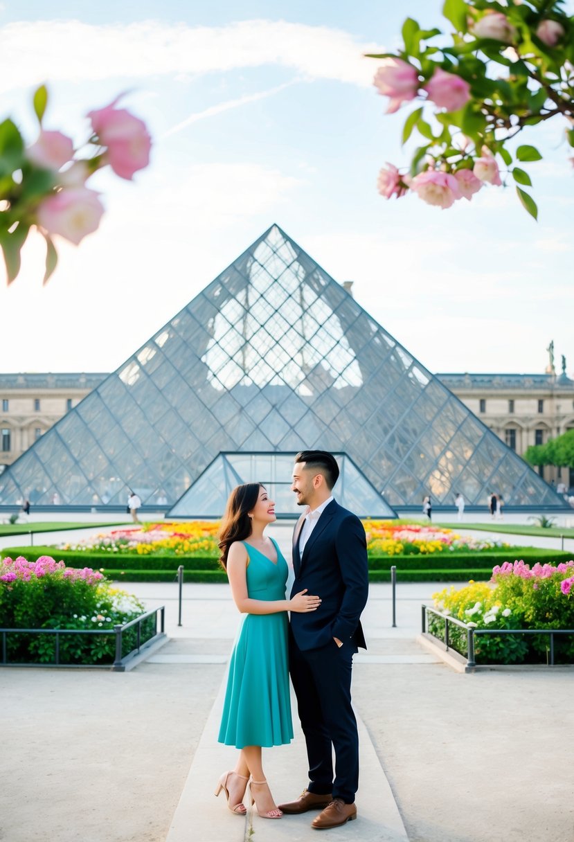 A couple stands in front of the Louvre Pyramid, surrounded by blooming flowers and lush greenery, with the iconic structure towering above them