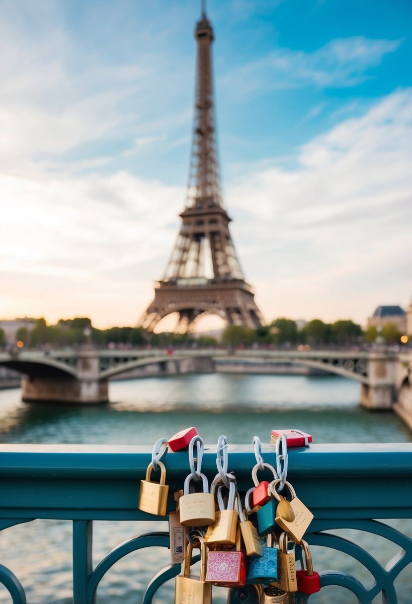 A bridge adorned with countless love locks, symbolizing eternal love, set against the romantic backdrop of Paris