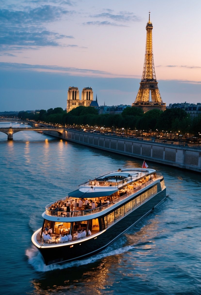 A luxurious dinner cruise gliding along the Seine River, passing by iconic landmarks such as the Eiffel Tower and Notre Dame Cathedral