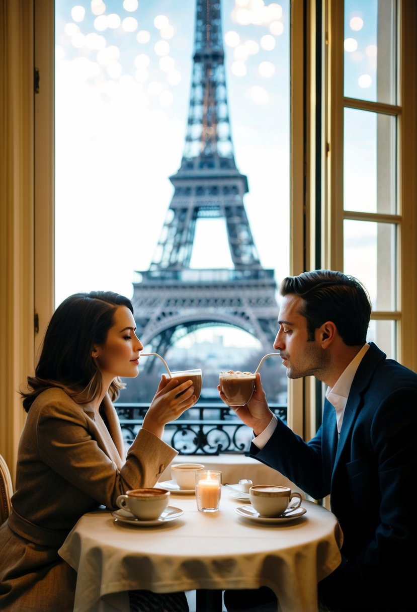 A couple sips hot chocolate at a cozy table in La Maison Angelina, with the Eiffel Tower visible through the window
