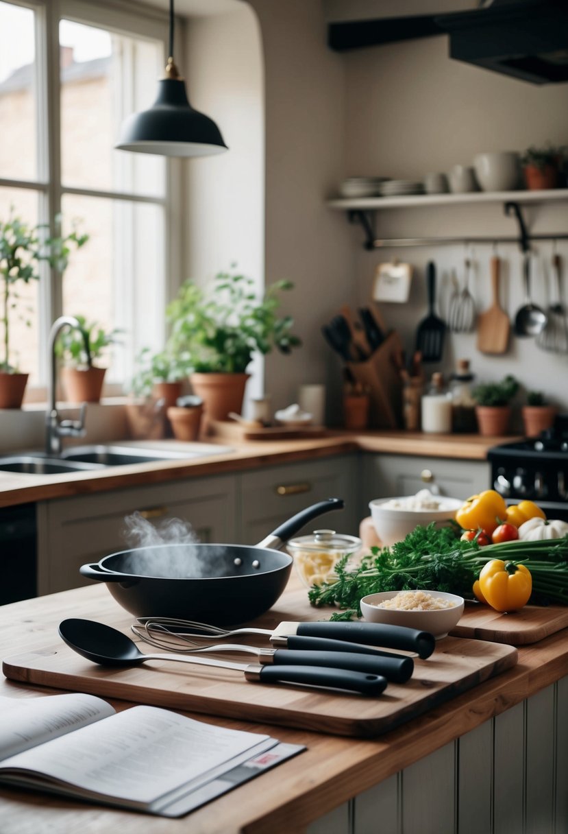 A cozy kitchen filled with the aroma of French cuisine. Two sets of cooking utensils laid out on a wooden countertop, surrounded by fresh ingredients and recipe books